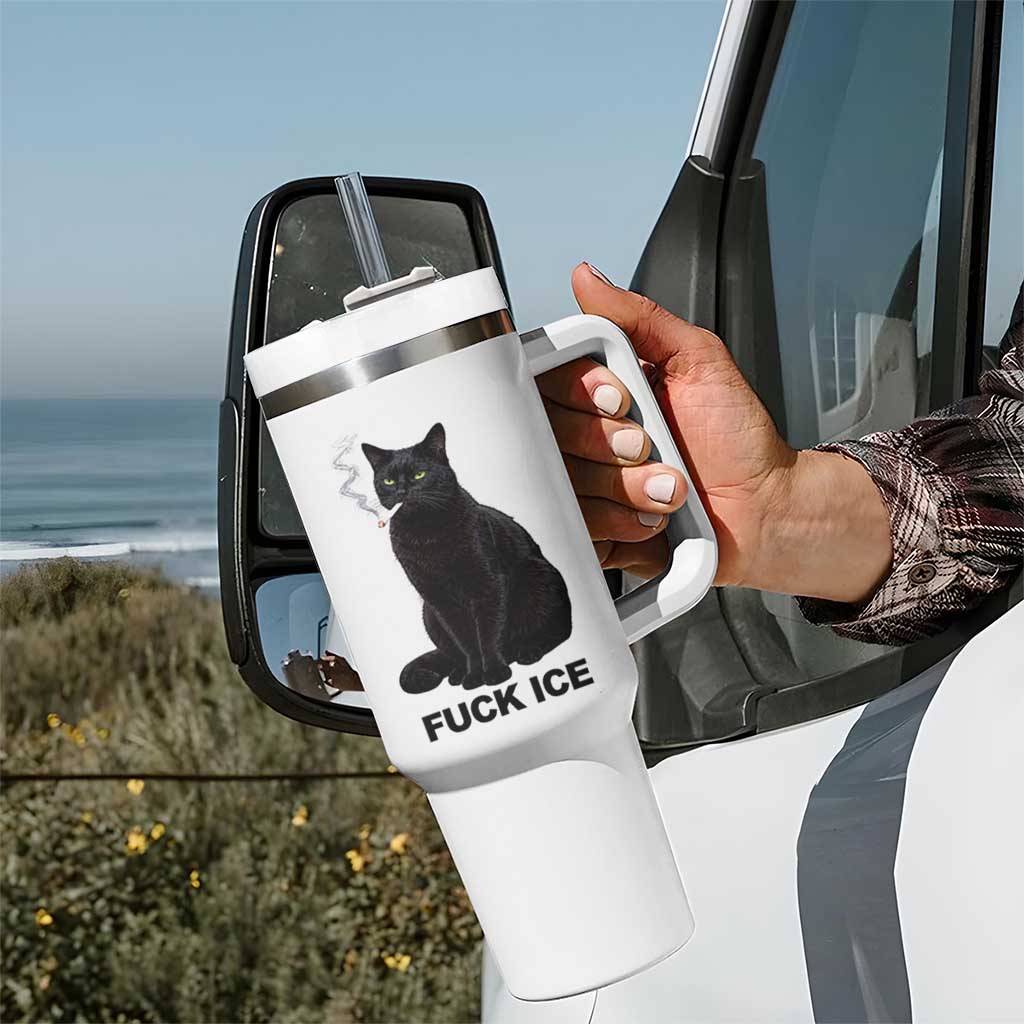Fck Ice Smoking Cat Tumbler With Handle Subtle FDT Black Cat Meme