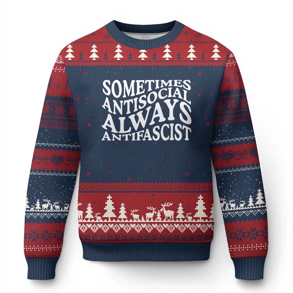 Sometimes Antisocial Always Antifascist Ugly Christmas Sweater