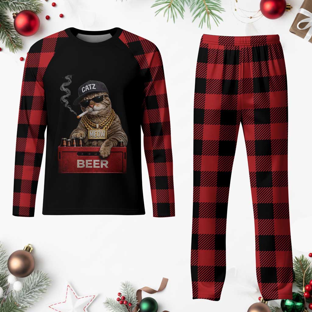 Funny Smoking Cat Meme Plaid Pajama Set Vintage Graphic Cigarette Kitty Beer Cat Lover