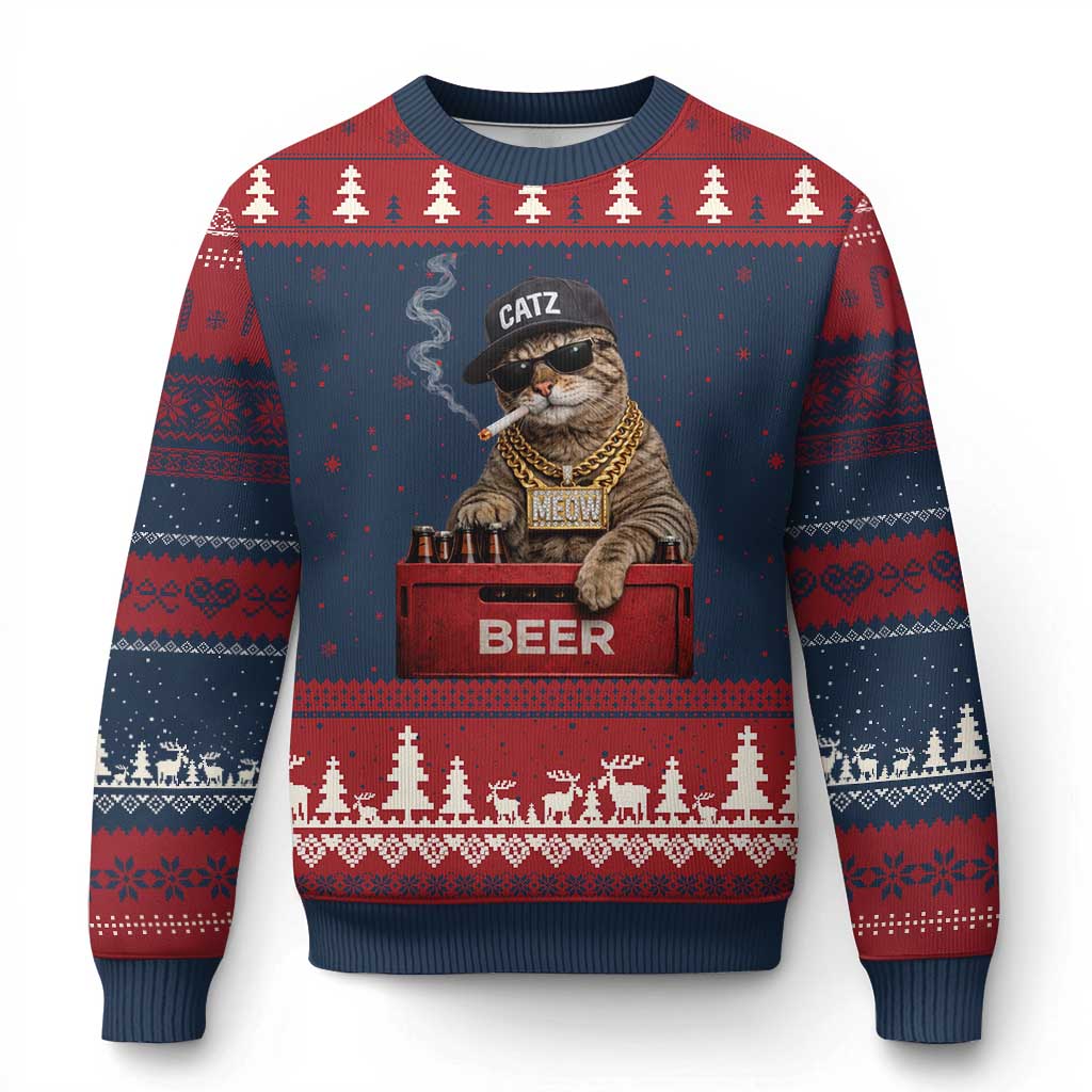Funny Smoking Cat Meme Ugly Christmas Sweater Vintage Graphic Cigarette Kitty Beer Cat Lover