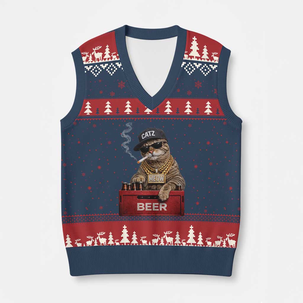 Funny Smoking Cat Meme V-Neck Knit Sweater Vest Vintage Graphic Cigarette Kitty Beer Cat Lover
