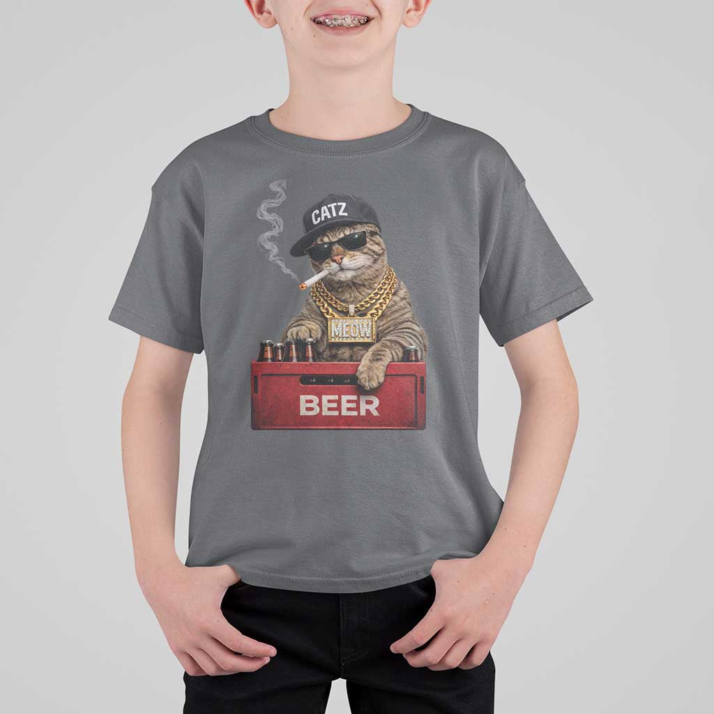 Funny Smoking Cat Meme T Shirt For Kid Vintage Graphic Cigarette Kitty Beer Cat Lover