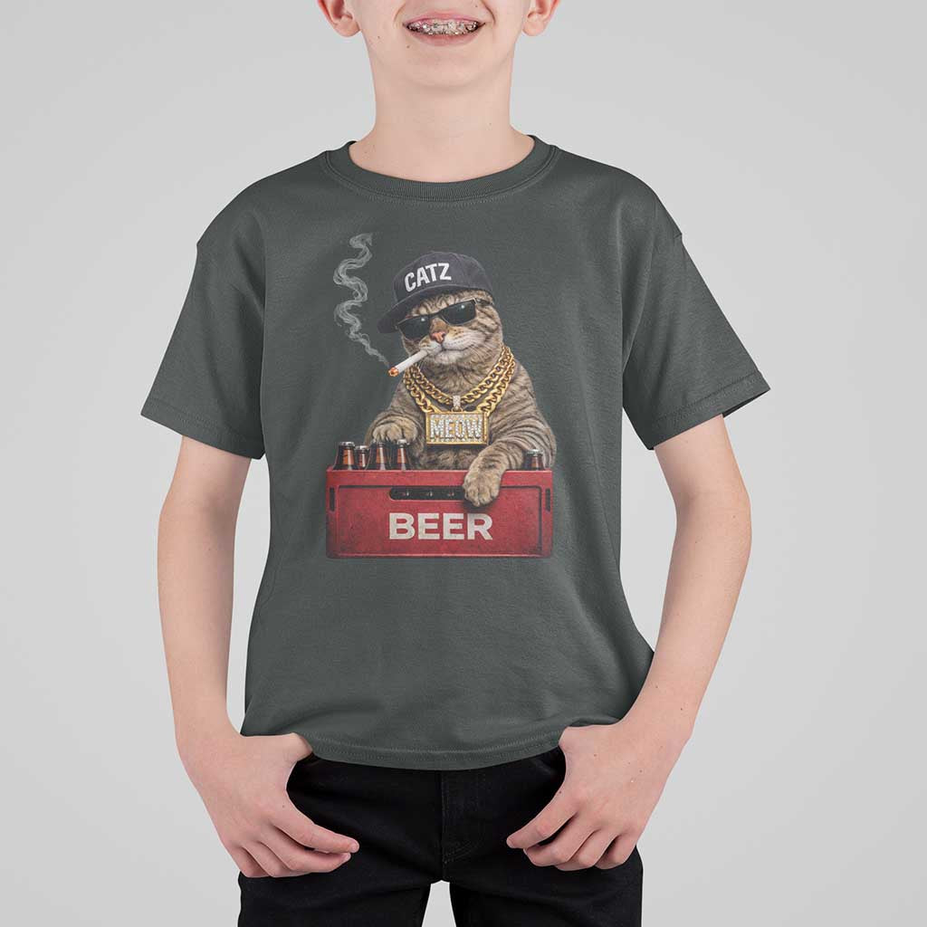 Funny Smoking Cat Meme T Shirt For Kid Vintage Graphic Cigarette Kitty Beer Cat Lover