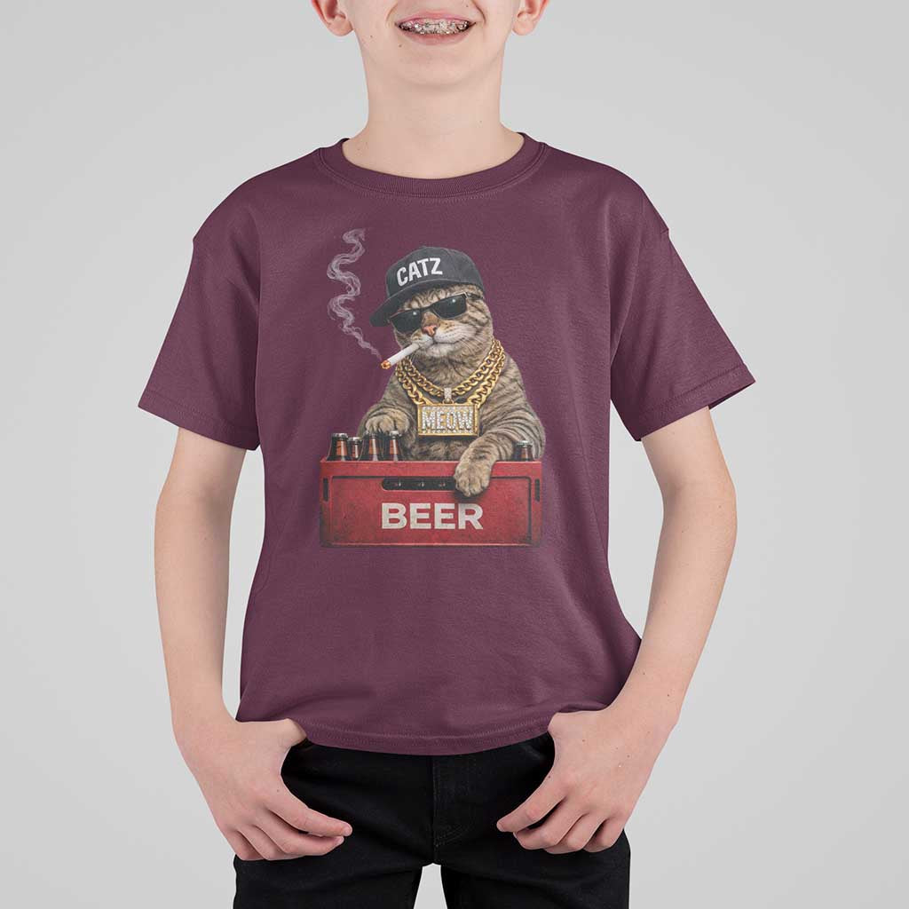 Funny Smoking Cat Meme T Shirt For Kid Vintage Graphic Cigarette Kitty Beer Cat Lover