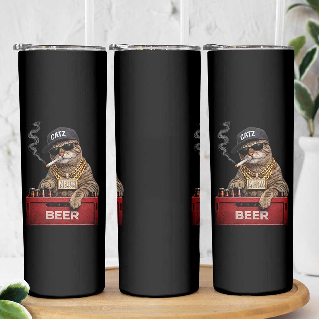 Funny Smoking Cat Meme Skinny Tumbler Vintage Graphic Cigarette Kitty Beer Cat Lover
