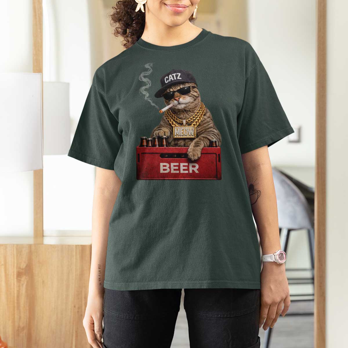 Funny Smoking Cat Meme T Shirt For Women Vintage Graphic Cigarette Kitty Beer Cat Lover