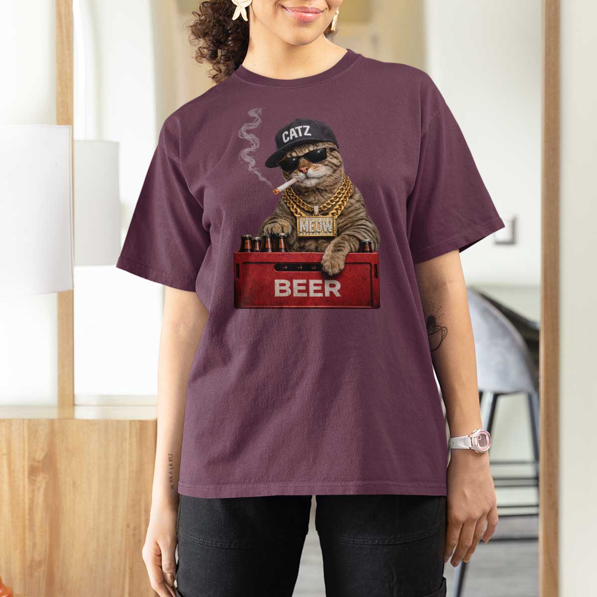 Funny Smoking Cat Meme T Shirt For Women Vintage Graphic Cigarette Kitty Beer Cat Lover