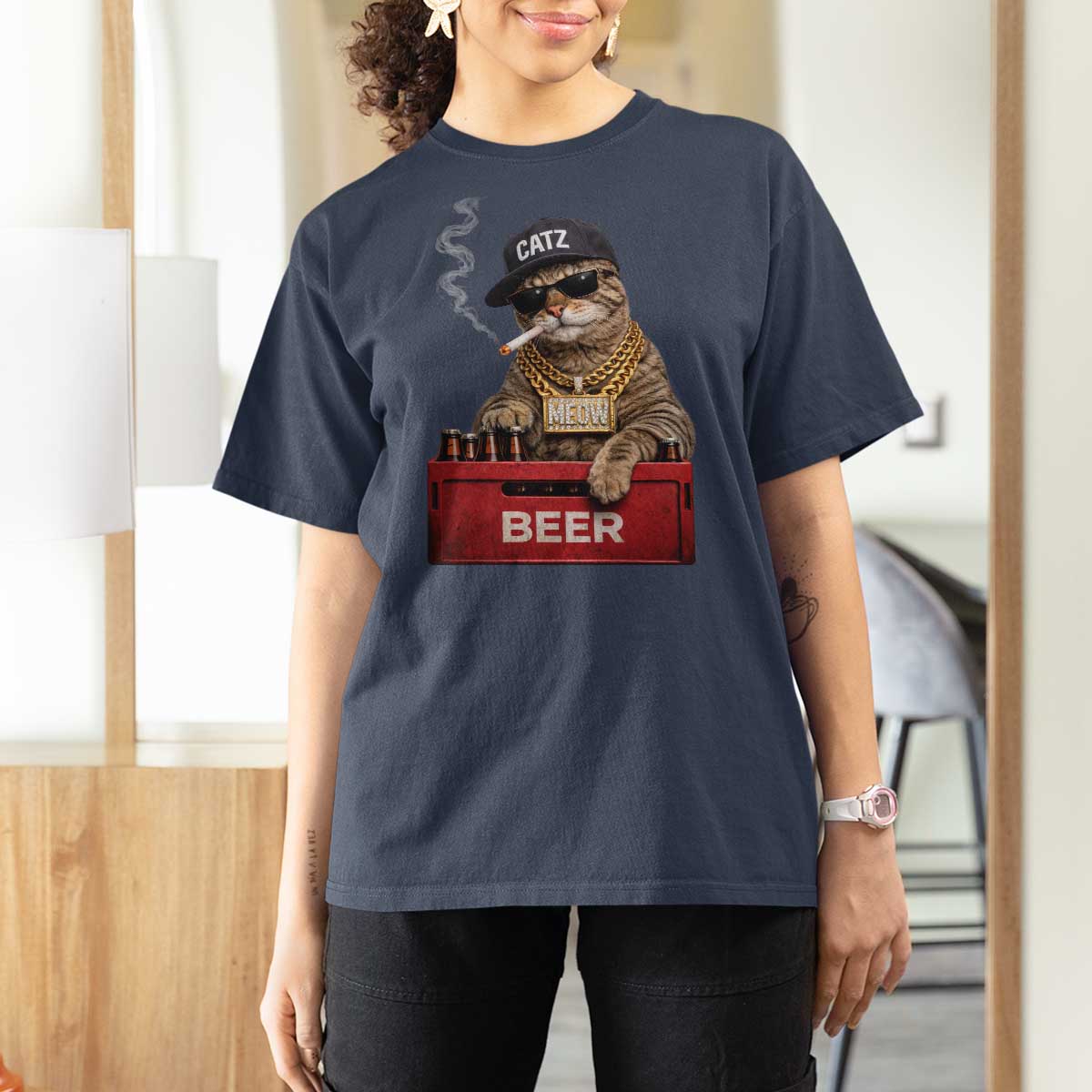 Funny Smoking Cat Meme T Shirt For Women Vintage Graphic Cigarette Kitty Beer Cat Lover