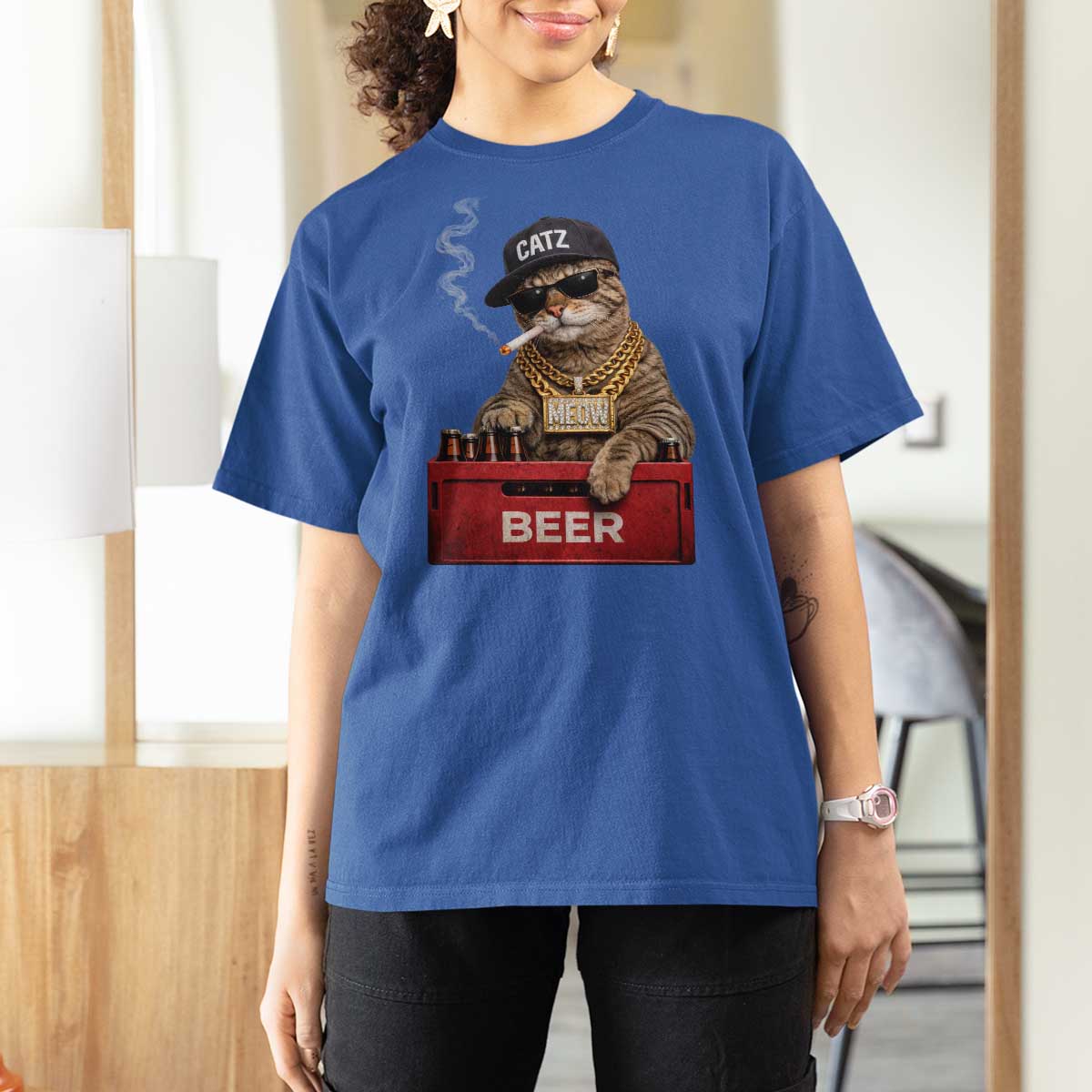 Funny Smoking Cat Meme T Shirt For Women Vintage Graphic Cigarette Kitty Beer Cat Lover