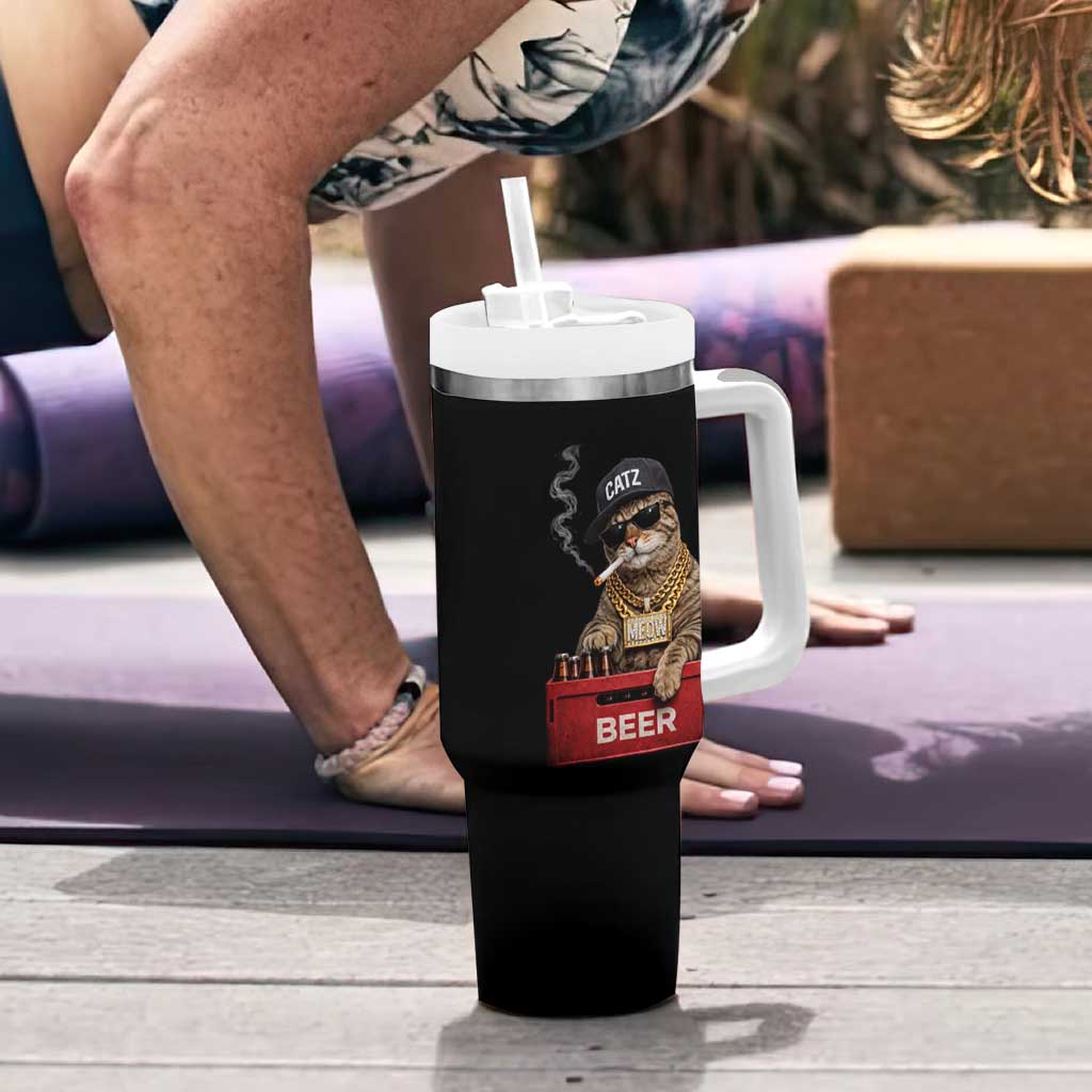 Funny Smoking Cat Meme Tumbler With Handle Vintage Graphic Cigarette Kitty Beer Cat Lover