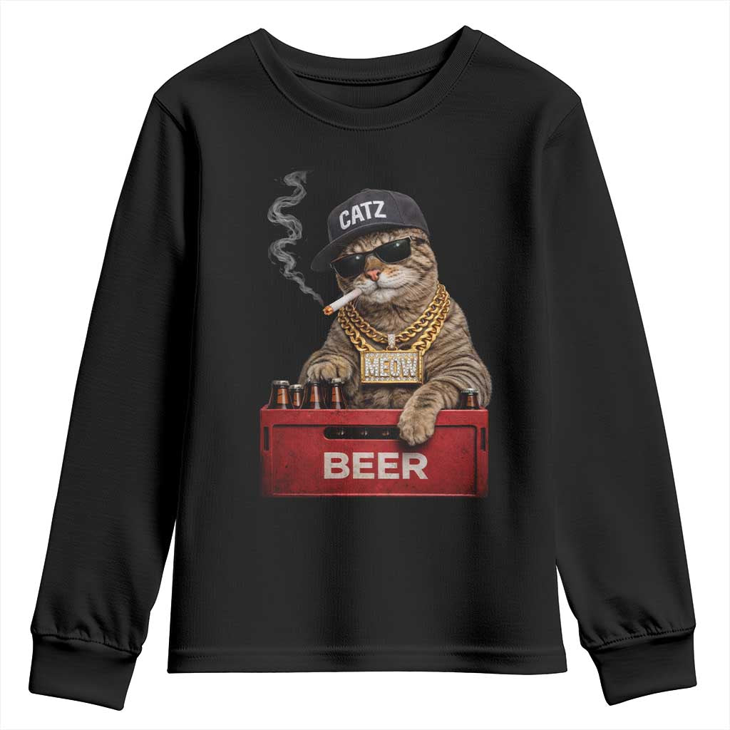 Funny Smoking Cat Meme Youth Sweatshirt Vintage Graphic Cigarette Kitty Beer Cat Lover