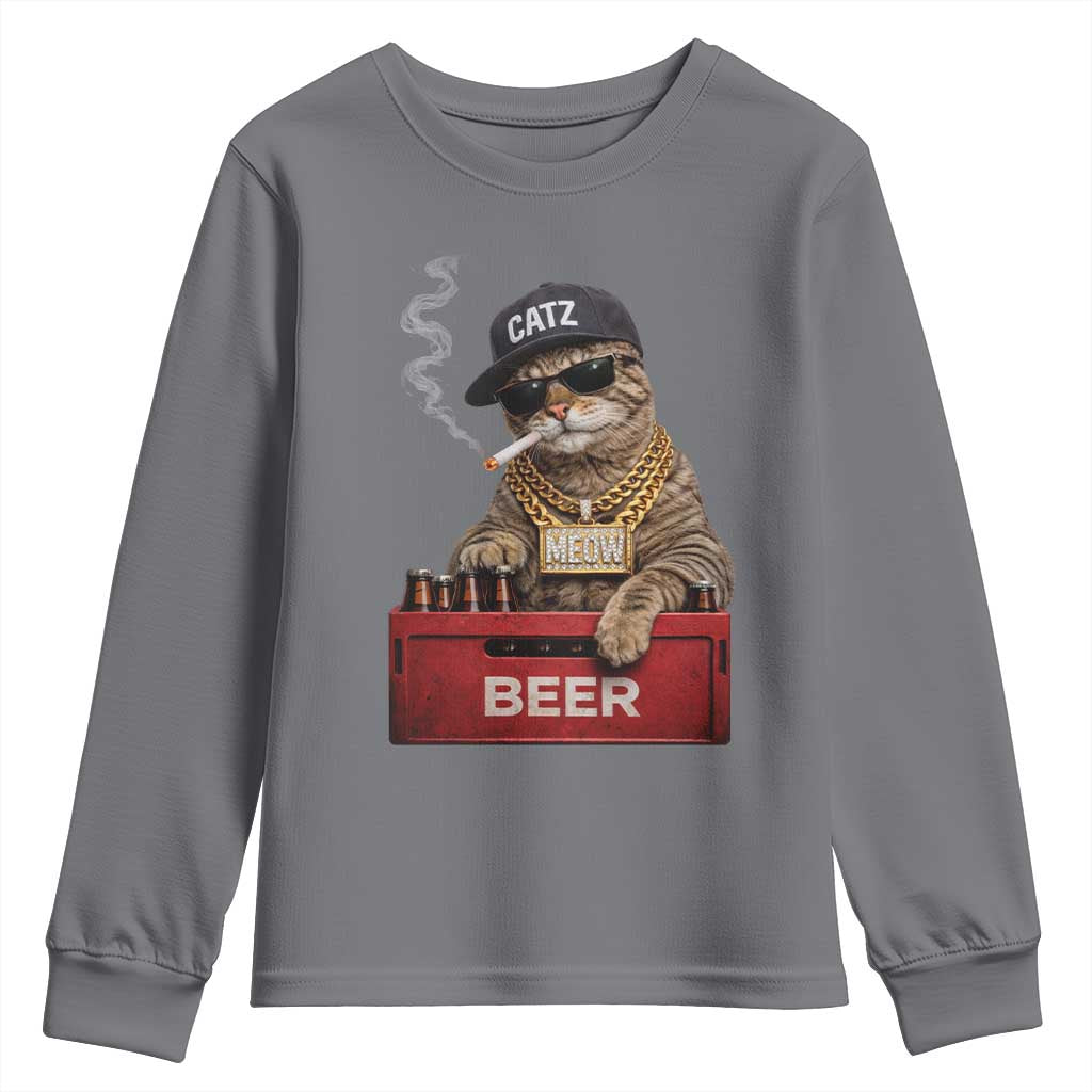Funny Smoking Cat Meme Youth Sweatshirt Vintage Graphic Cigarette Kitty Beer Cat Lover