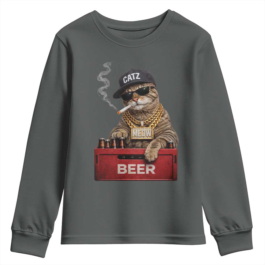 Funny Smoking Cat Meme Youth Sweatshirt Vintage Graphic Cigarette Kitty Beer Cat Lover