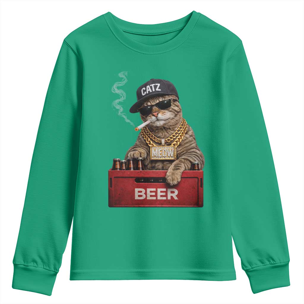 Funny Smoking Cat Meme Youth Sweatshirt Vintage Graphic Cigarette Kitty Beer Cat Lover