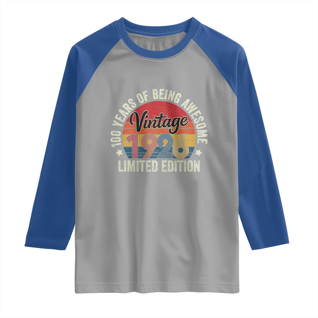 Funny 100th Birthday Raglan Shirt Vintage 1926 Limited Edition 50 Year Old Bday Gifts