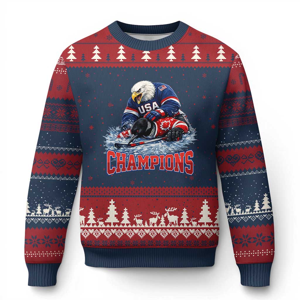 USA Ice Hockey Ugly Christmas Sweater Eagle Dominates Canada 2026 Hockey Champions
