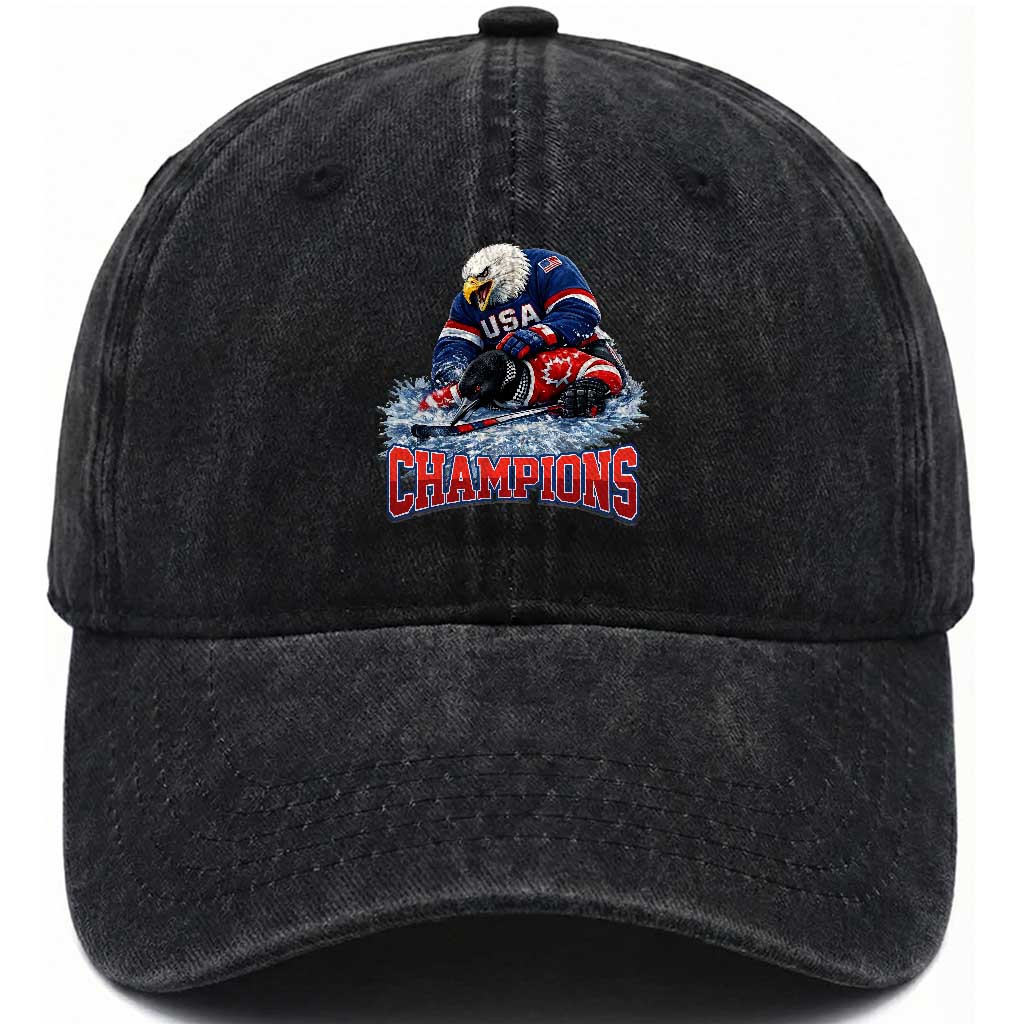 USA Ice Hockey Washed Cotton Baseball Cap Eagle Dominates Canada 2026 Hockey Champions
