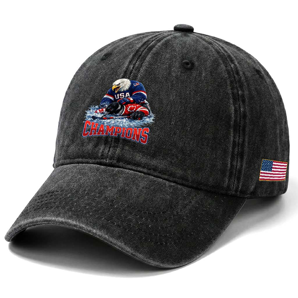 USA Ice Hockey Washed Cotton Baseball Cap Eagle Dominates Canada 2026 Hockey Champions