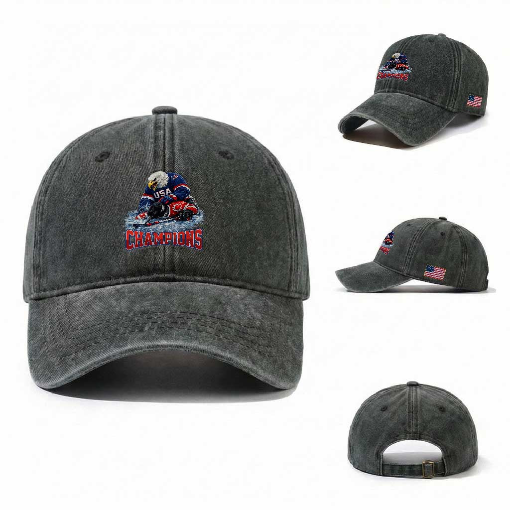 USA Ice Hockey Washed Cotton Baseball Cap Eagle Dominates Canada 2026 Hockey Champions