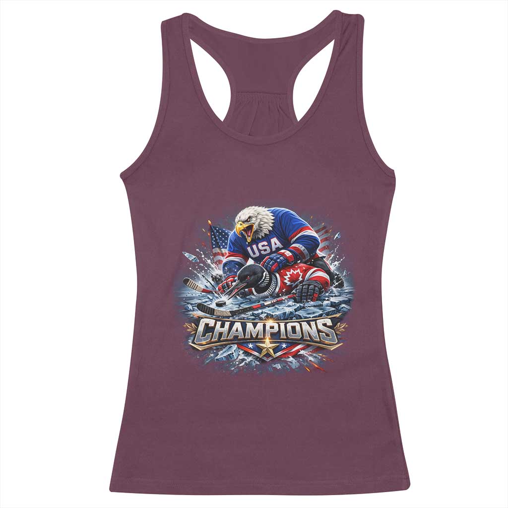 USA Ice Hockey Racerback Tank Top Eagle Dominates Canada 2026 Hockey Champions Graphic