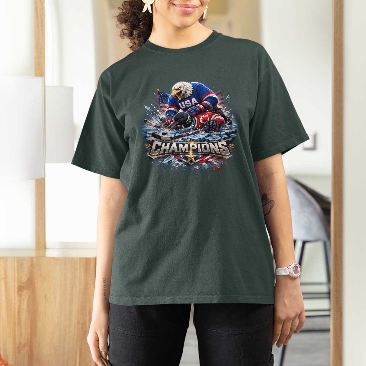 USA Ice Hockey T Shirt For Women Eagle Dominates Canada 2026 Hockey Champions Graphic