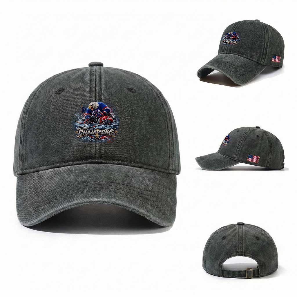 USA Ice Hockey Washed Cotton Baseball Cap Eagle Dominates Canada 2026 Hockey Champions Graphic