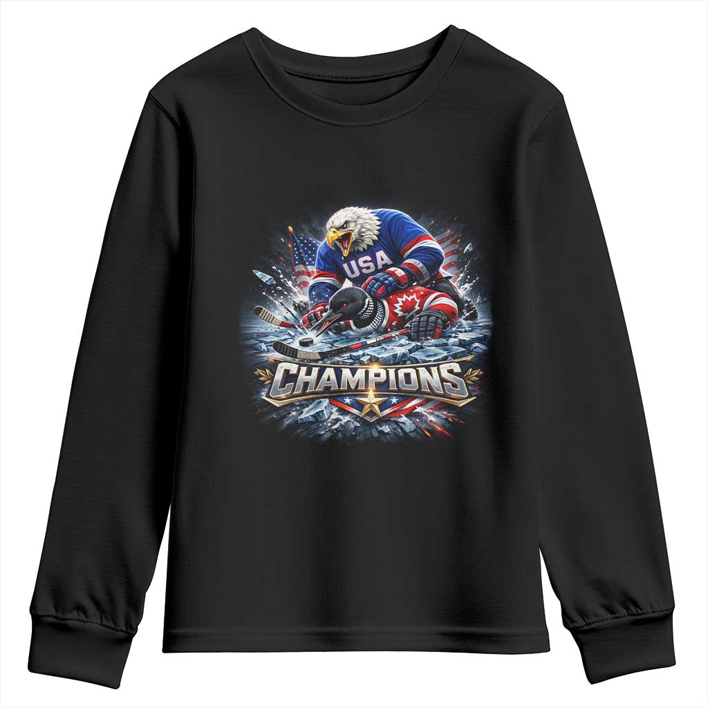 USA Ice Hockey Youth Sweatshirt Eagle Dominates Canada 2026 Hockey Champions Graphic