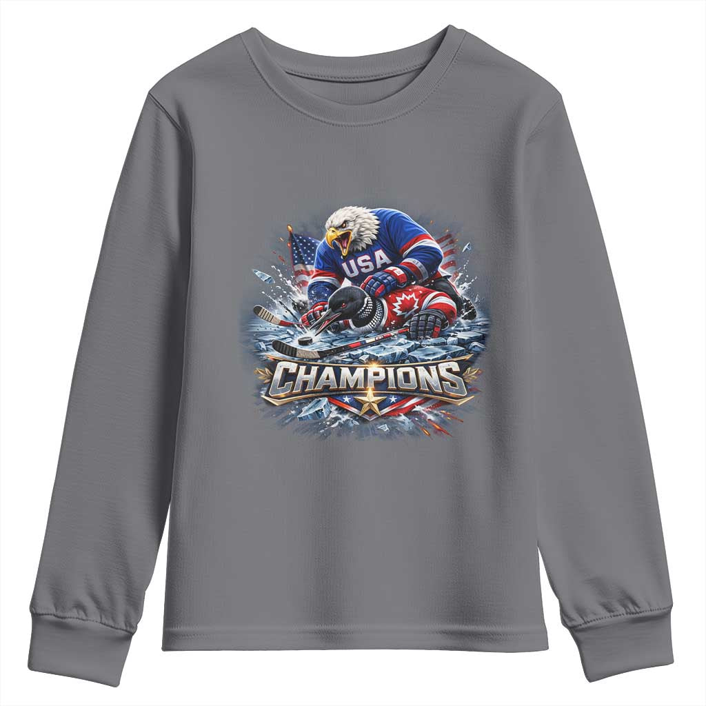 USA Ice Hockey Youth Sweatshirt Eagle Dominates Canada 2026 Hockey Champions Graphic