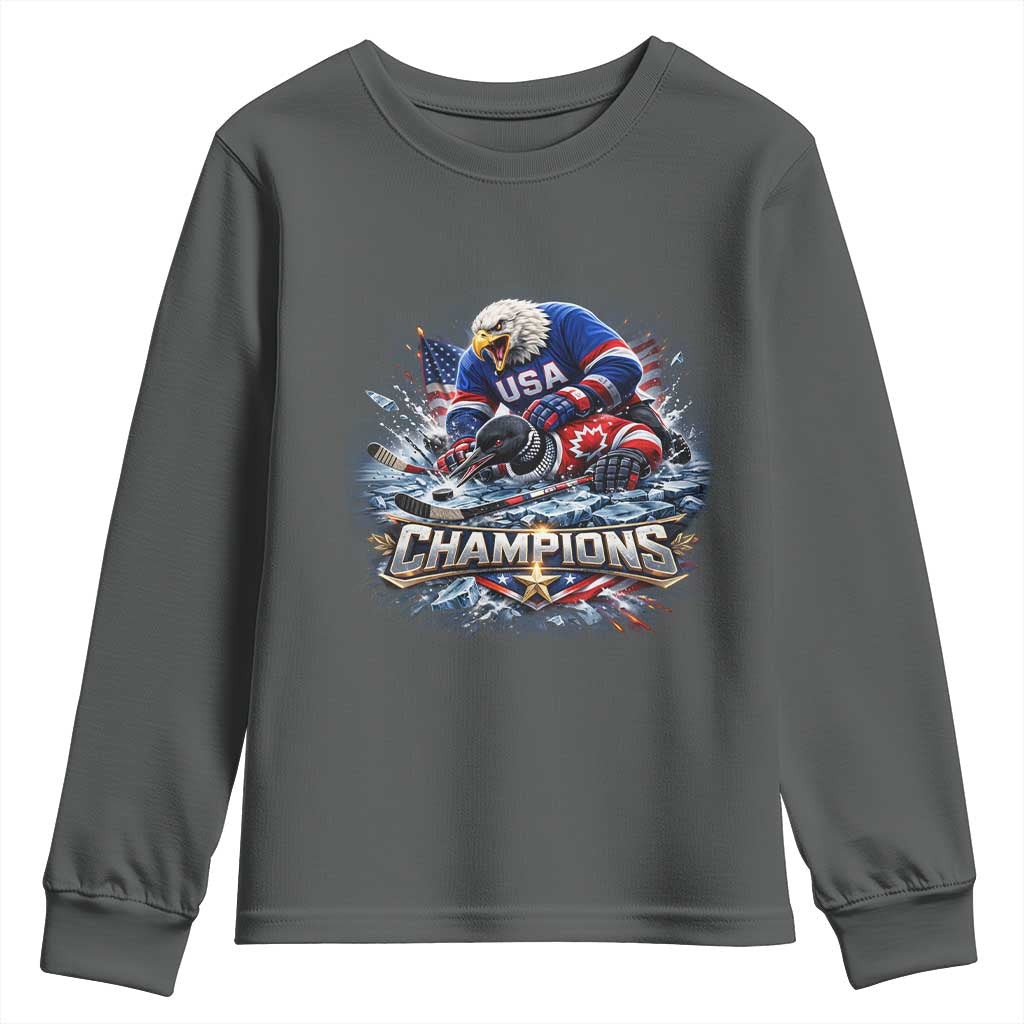 USA Ice Hockey Youth Sweatshirt Eagle Dominates Canada 2026 Hockey Champions Graphic