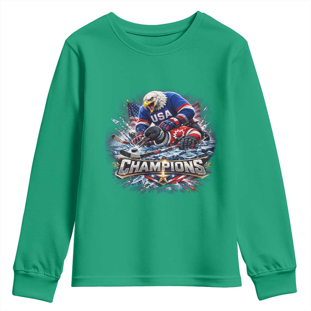 USA Ice Hockey Youth Sweatshirt Eagle Dominates Canada 2026 Hockey Champions Graphic