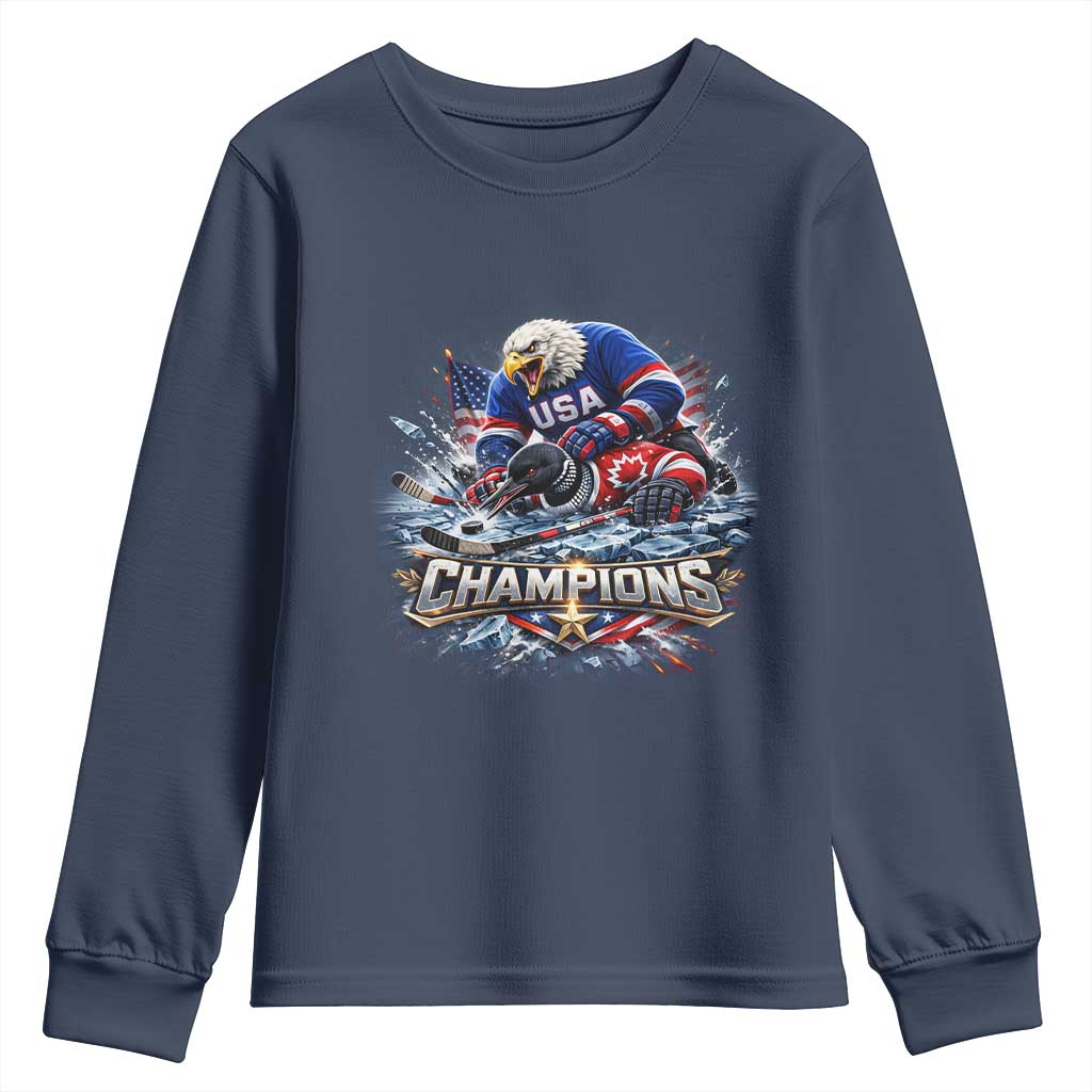 USA Ice Hockey Youth Sweatshirt Eagle Dominates Canada 2026 Hockey Champions Graphic