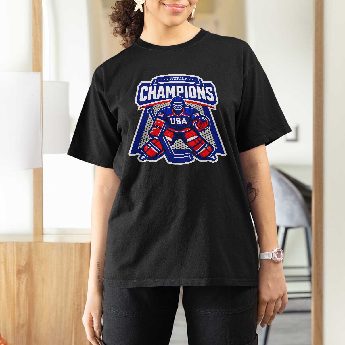 USA Ice Hockey T Shirt For Women America Champions Patriotic Ice Hockey Team Fan