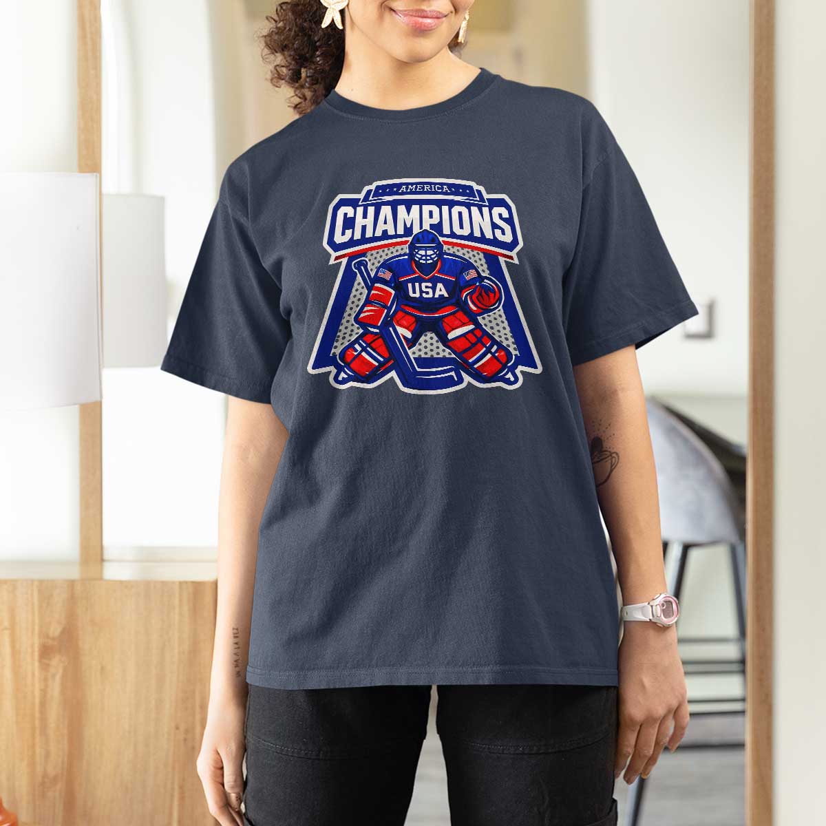 USA Ice Hockey T Shirt For Women America Champions Patriotic Ice Hockey Team Fan