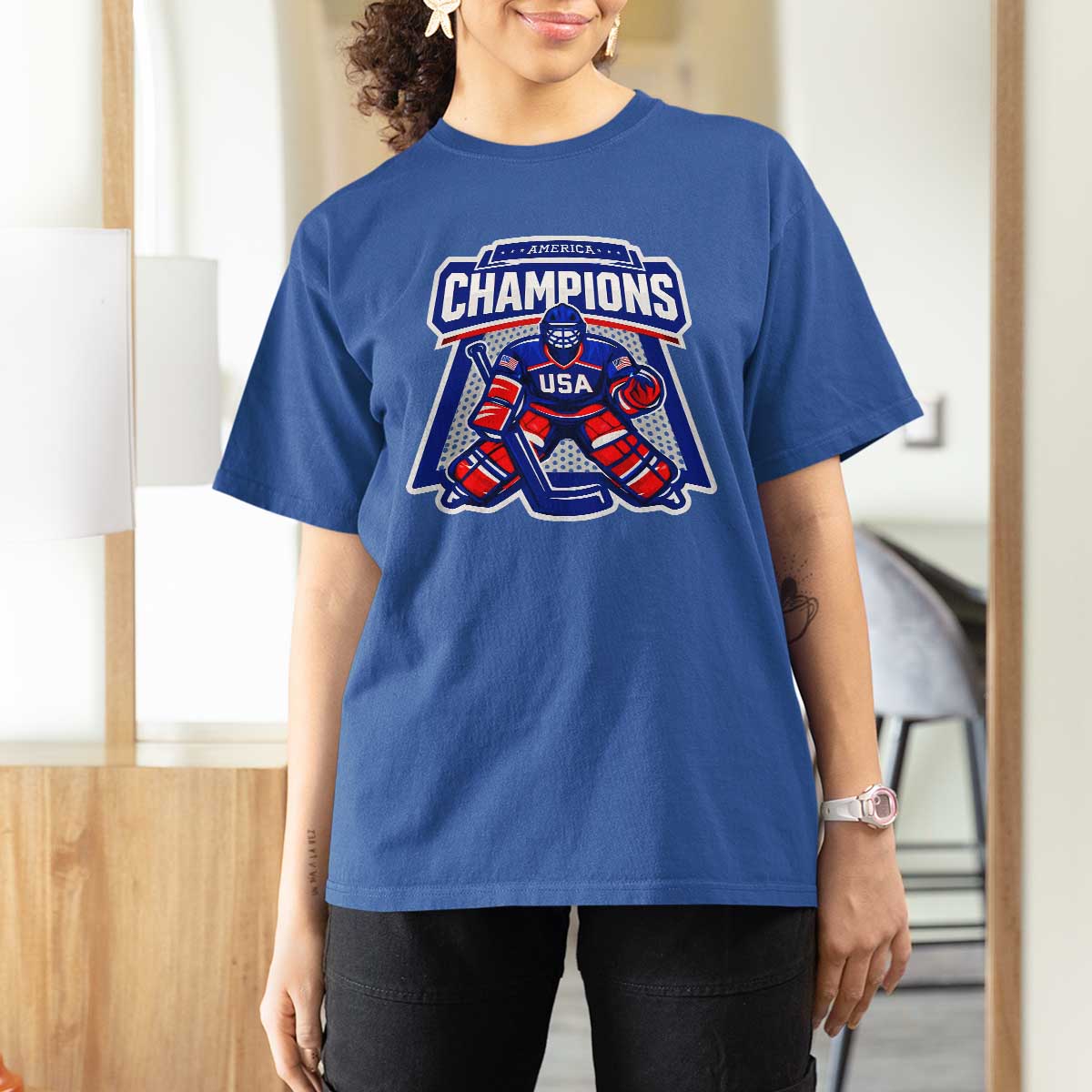 USA Ice Hockey T Shirt For Women America Champions Patriotic Ice Hockey Team Fan