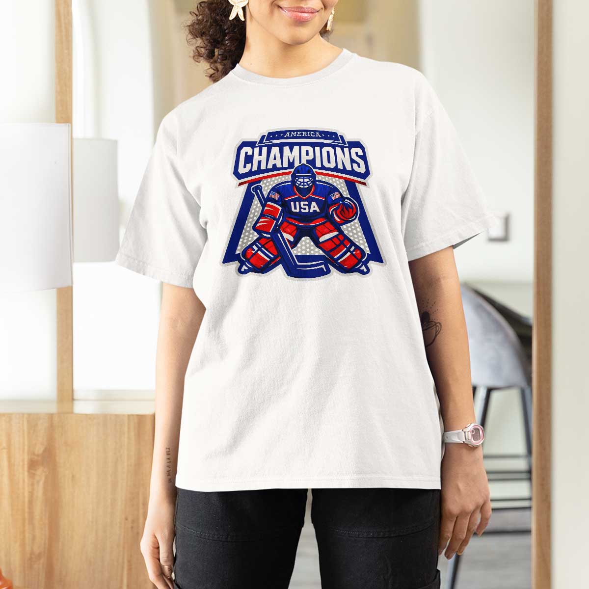 USA Ice Hockey T Shirt For Women America Champions Patriotic Ice Hockey Team Fan