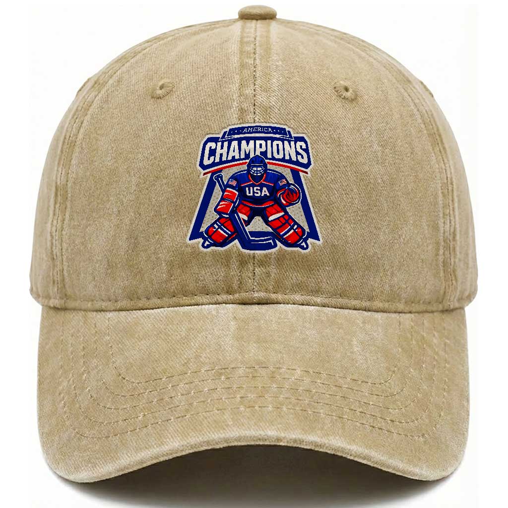 USA Ice Hockey Washed Cotton Baseball Cap America Champions Patriotic Ice Hockey Team Fan