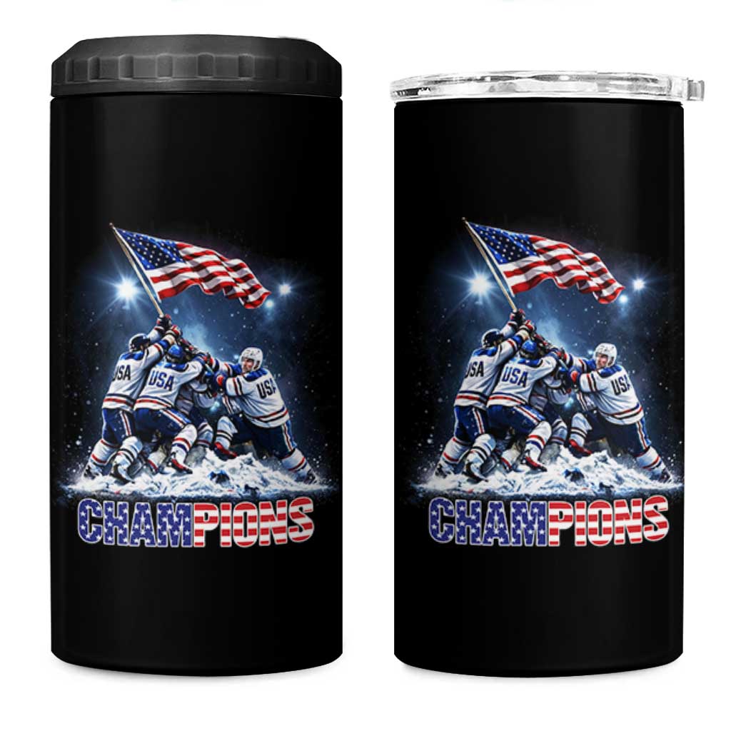 USA Ice Hockey 4 in 1 Can Cooler Tumbler Hockey Champions 2026 USA Players Raising Flag On Ice