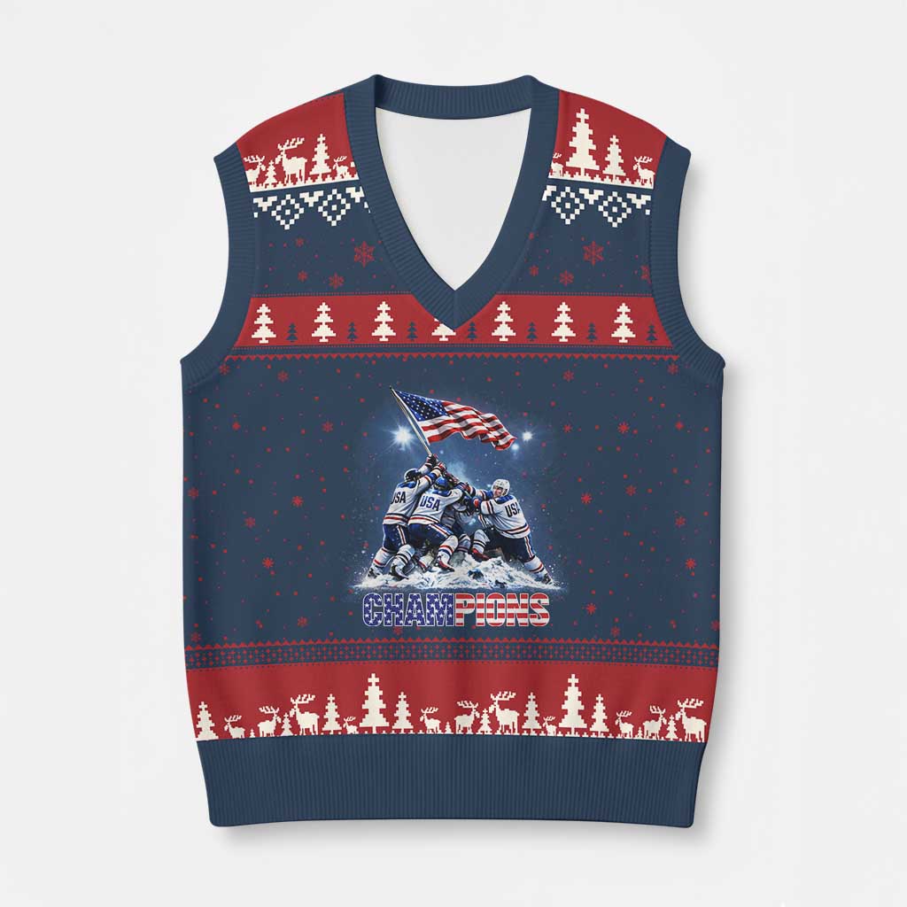 USA Ice Hockey V-Neck Knit Sweater Vest Hockey Champions 2026 USA Players Raising Flag On Ice