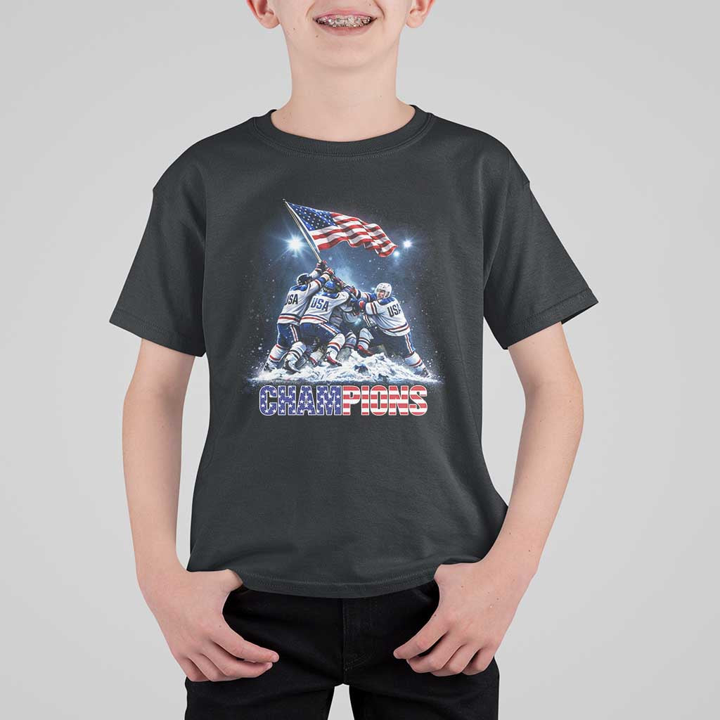 USA Ice Hockey T Shirt For Kid Hockey Champions 2026 USA Players Raising Flag On Ice