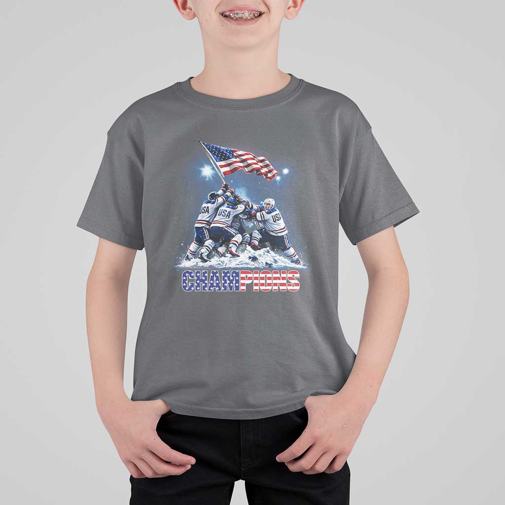 USA Ice Hockey T Shirt For Kid Hockey Champions 2026 USA Players Raising Flag On Ice