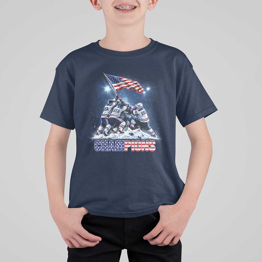 USA Ice Hockey T Shirt For Kid Hockey Champions 2026 USA Players Raising Flag On Ice
