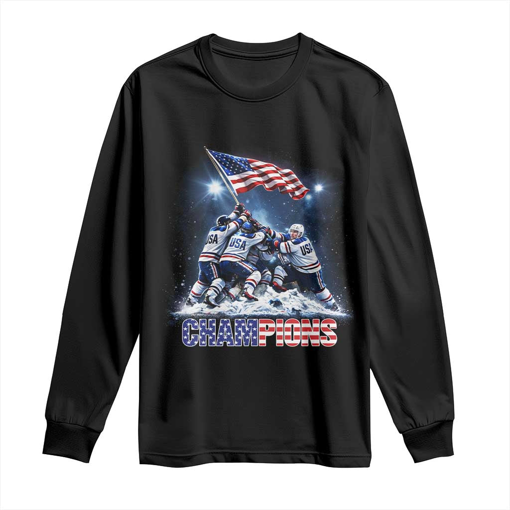 USA Ice Hockey Long Sleeve Shirt Hockey Champions 2026 USA Players Raising Flag On Ice