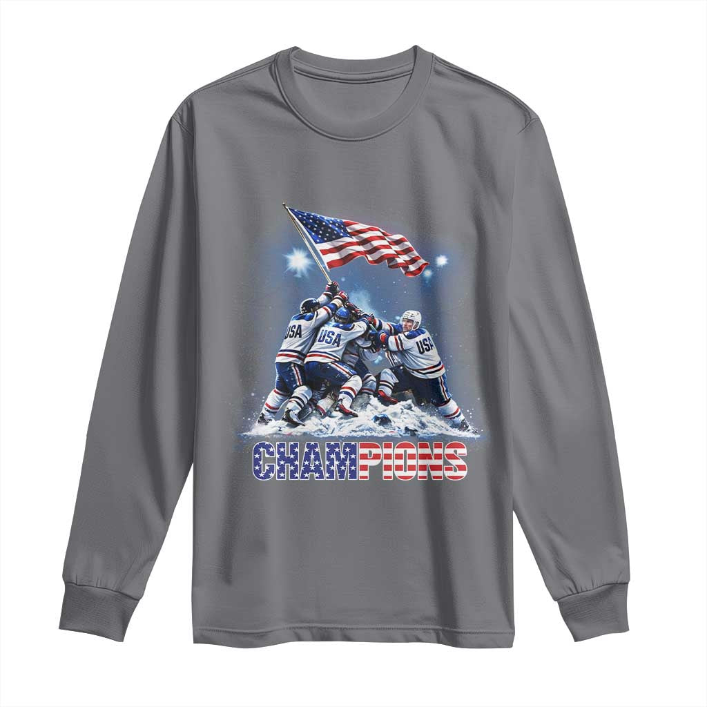 USA Ice Hockey Long Sleeve Shirt Hockey Champions 2026 USA Players Raising Flag On Ice
