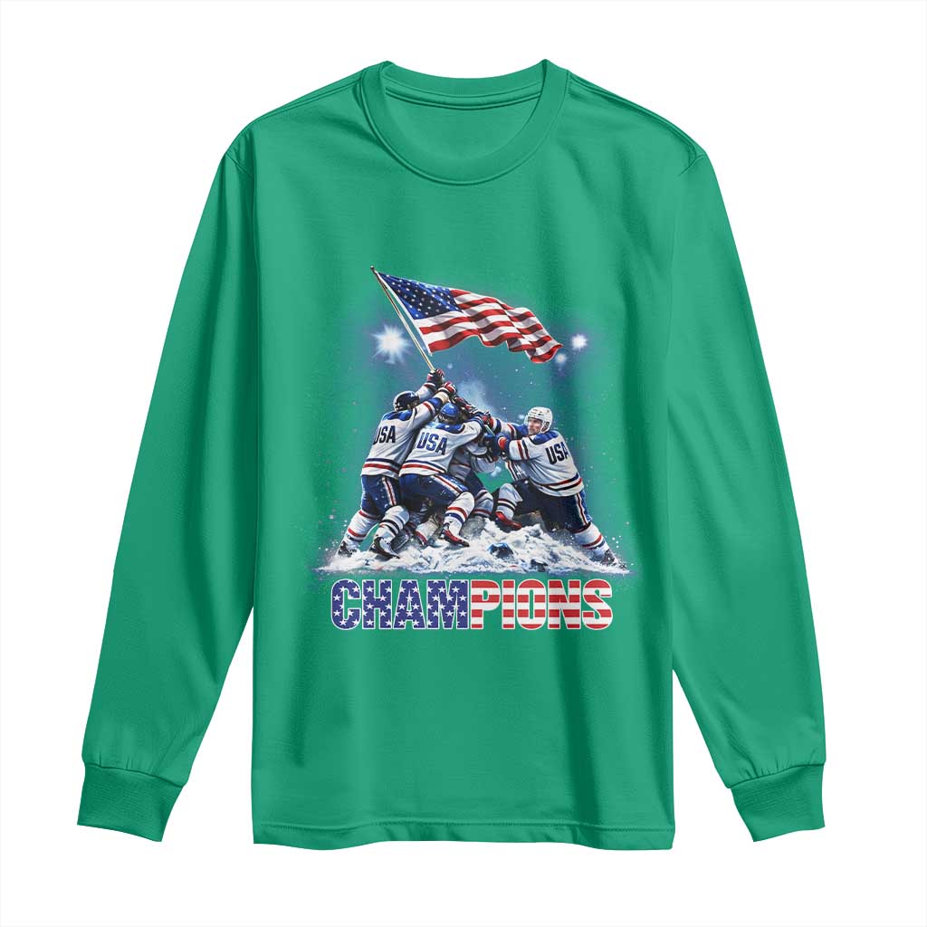 USA Ice Hockey Long Sleeve Shirt Hockey Champions 2026 USA Players Raising Flag On Ice