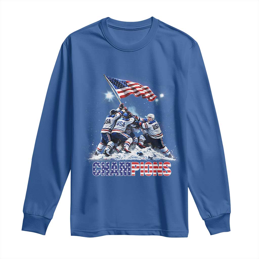 USA Ice Hockey Long Sleeve Shirt Hockey Champions 2026 USA Players Raising Flag On Ice