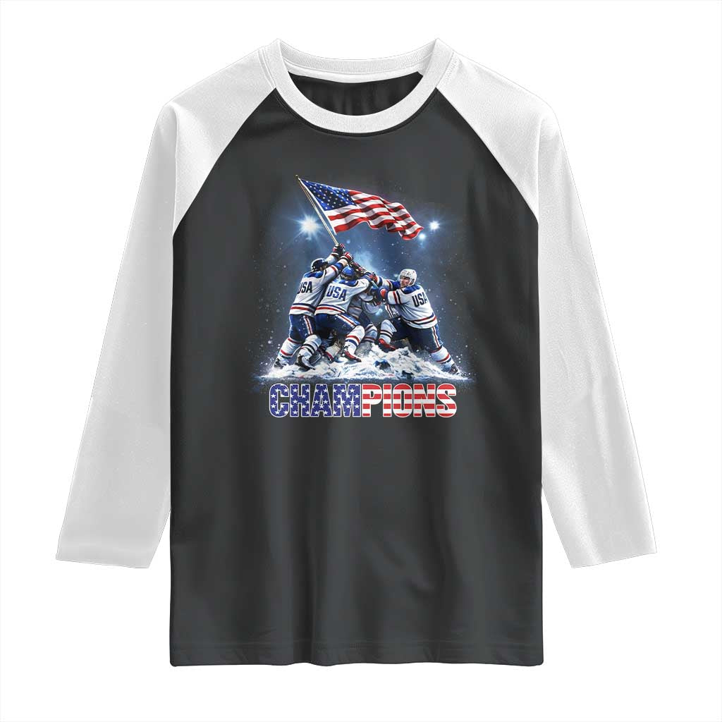USA Ice Hockey Raglan Shirt Hockey Champions 2026 USA Players Raising Flag On Ice