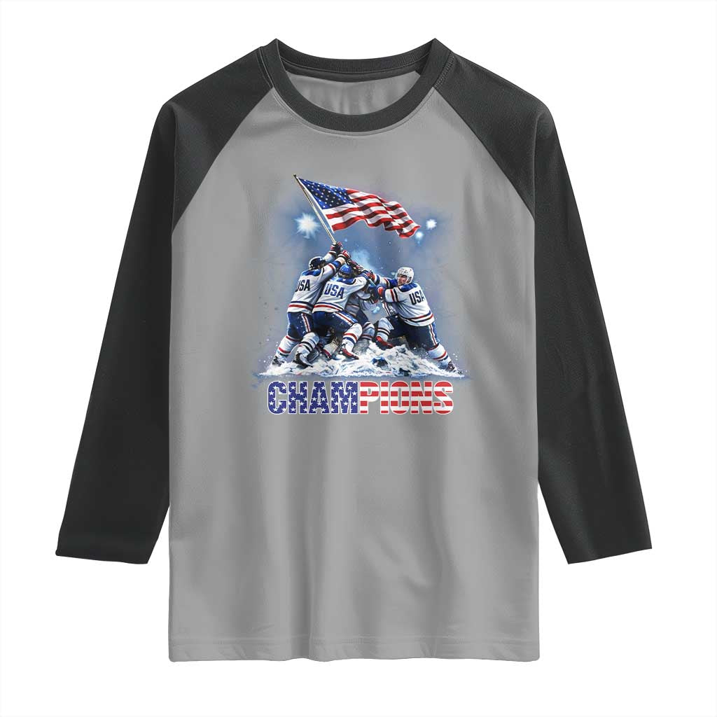 USA Ice Hockey Raglan Shirt Hockey Champions 2026 USA Players Raising Flag On Ice