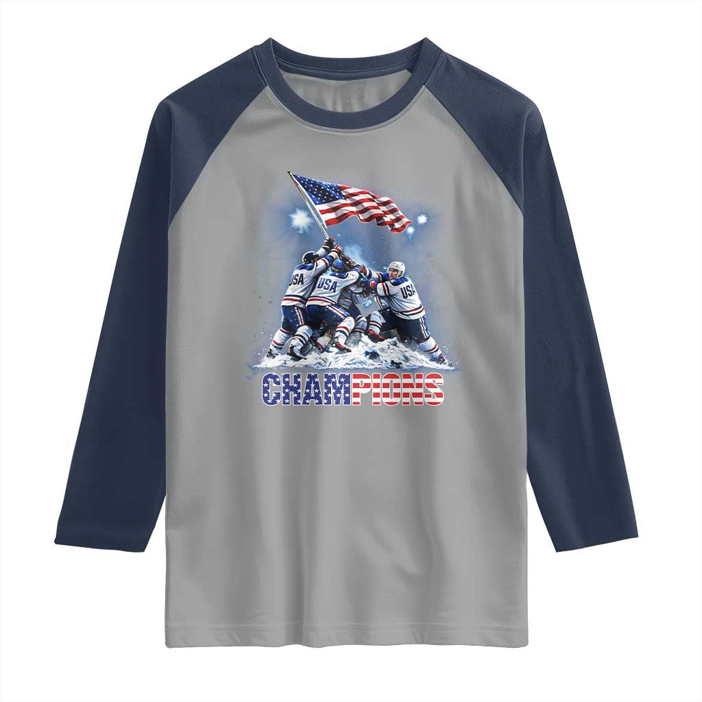 USA Ice Hockey Raglan Shirt Hockey Champions 2026 USA Players Raising Flag On Ice