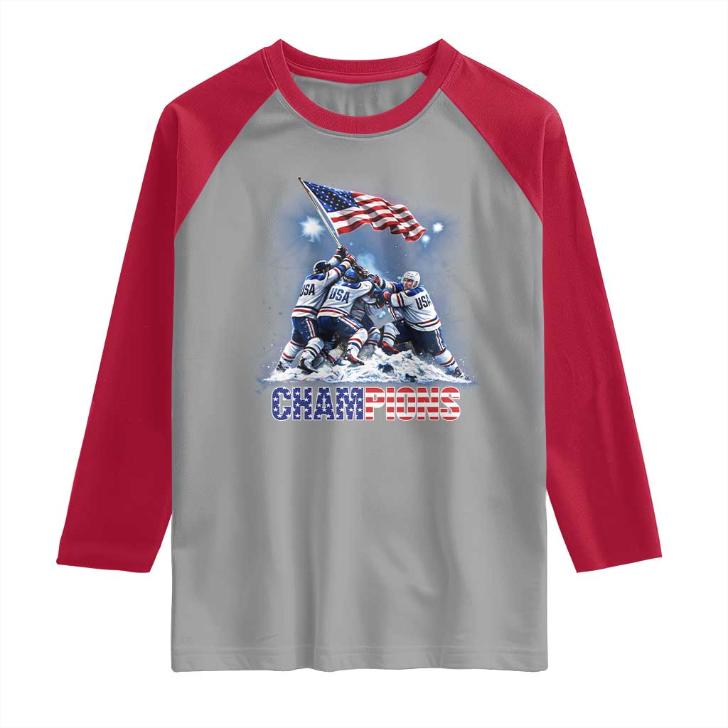 USA Ice Hockey Raglan Shirt Hockey Champions 2026 USA Players Raising Flag On Ice