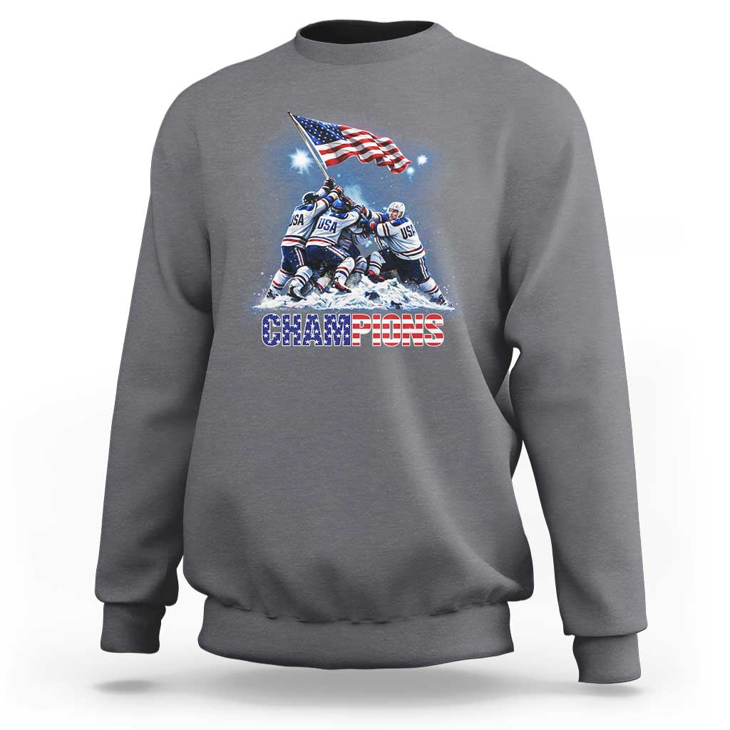 USA Ice Hockey Sweatshirt Hockey Champions 2026 USA Players Raising Flag On Ice